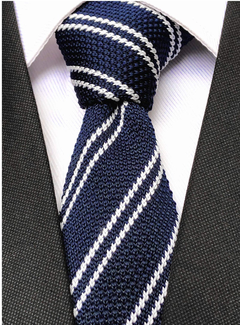 Secdtie Men's Wide Striped Navy Blue White Wool Knit Ties Border Patterned Slim Fashion Necktie for Wedding - Image 2